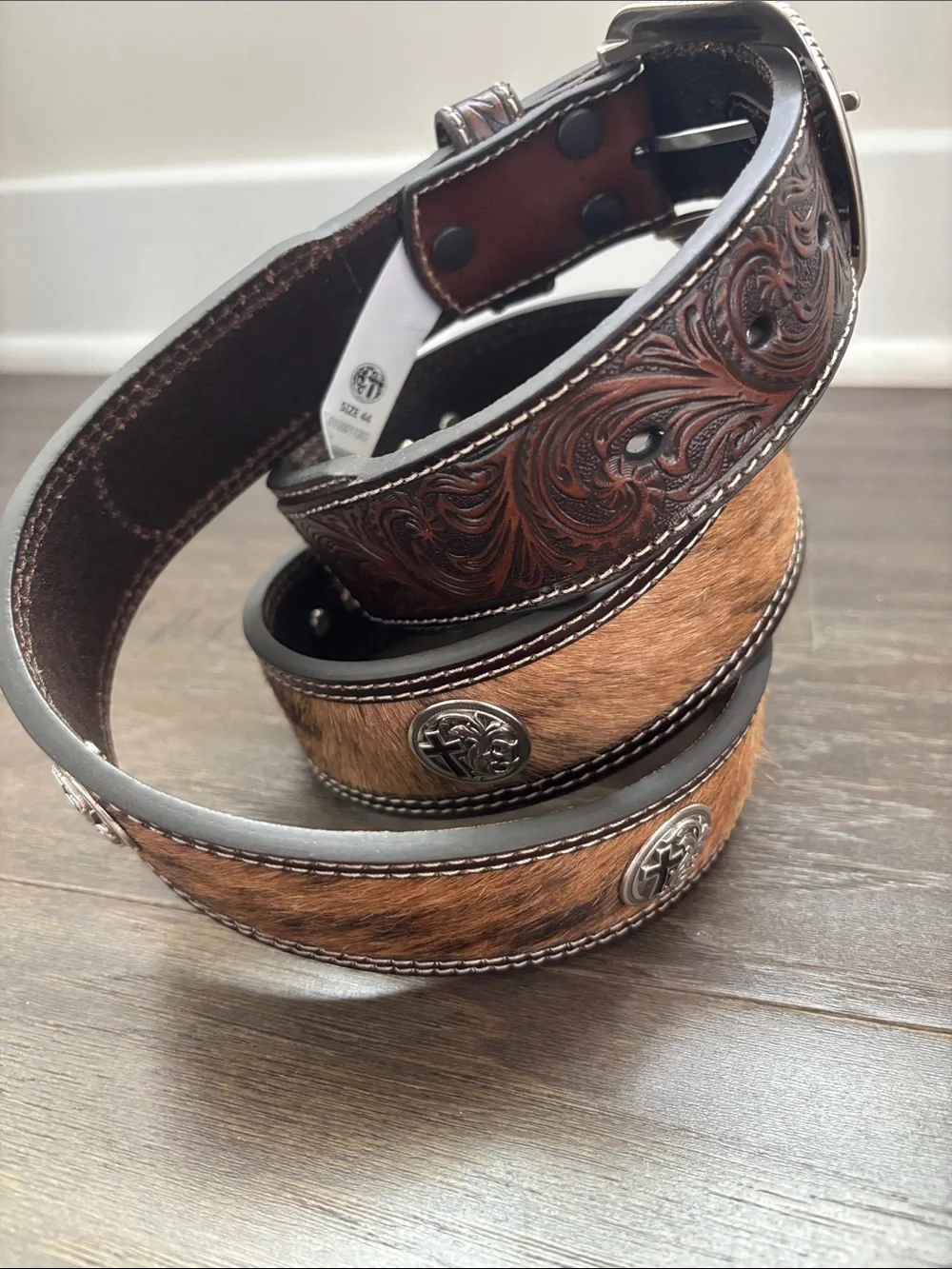 3D Belt Co.Genuine Leather,tooled,calf hair,cross concho,removable silver buckle